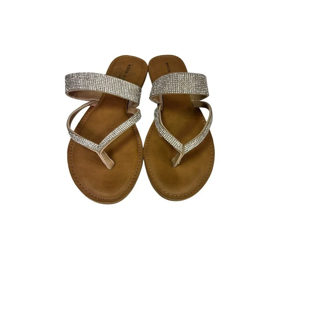 Rock & Candy by Zigi Slide Sandals Womens 7.5 Beige/Tan Rhinestone Thong Flat